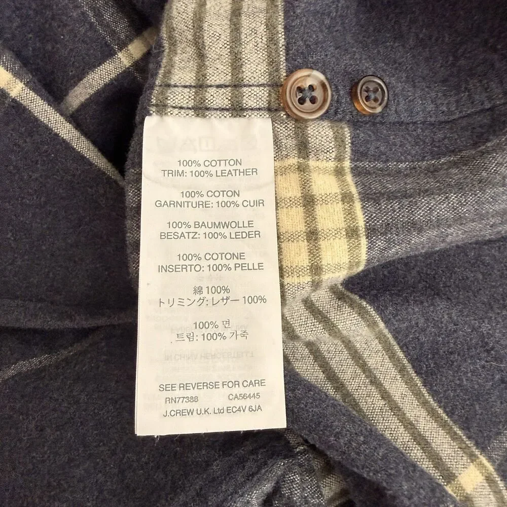 J. Crew Men’s Cotton Leather Flannel Plaid Shirt Size M Elbow Patches Blue